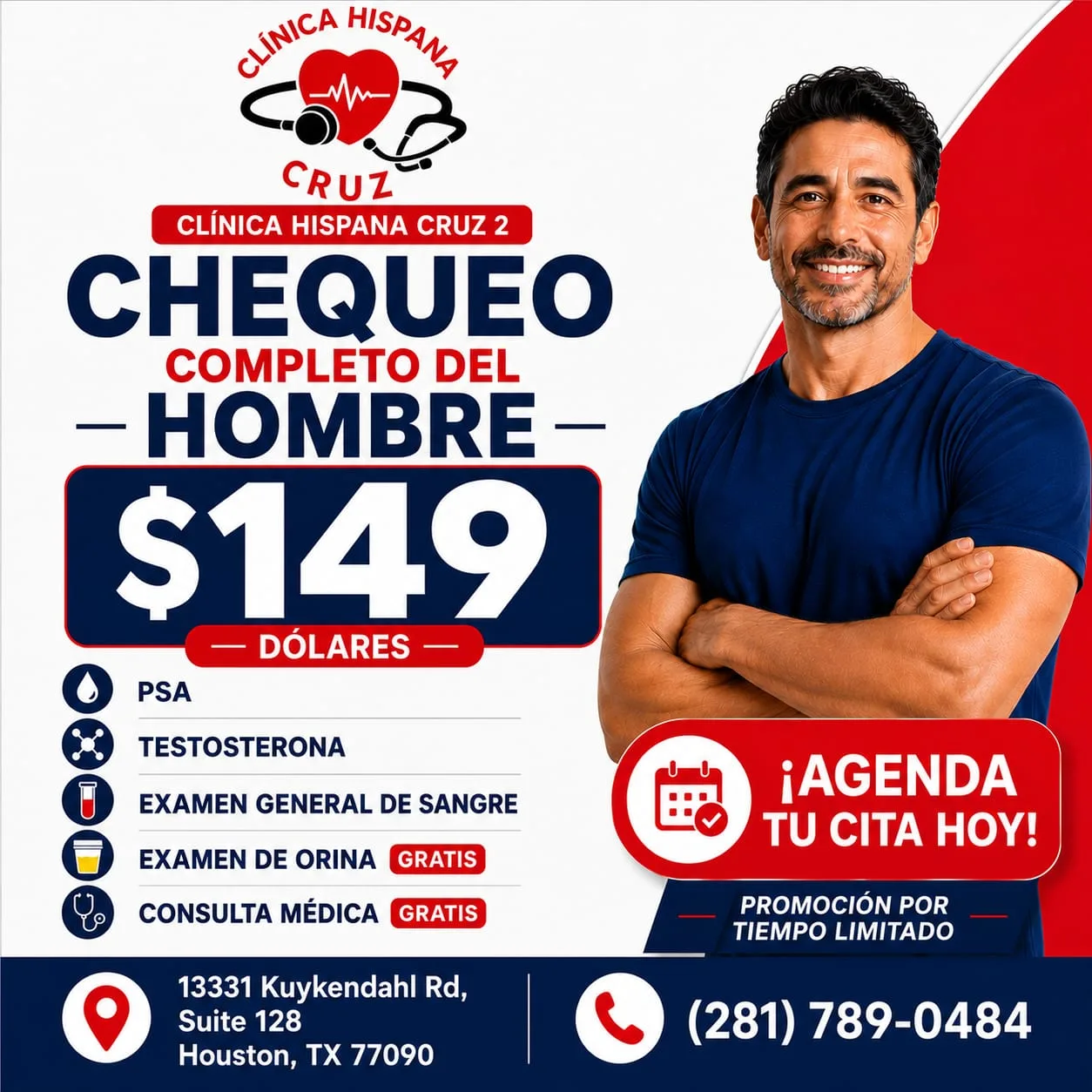 Promoción de chequeo completo del hombre por $149 con PSA, testosterona y examen de sangre en Clínica Hispana Cruz 2 Houston