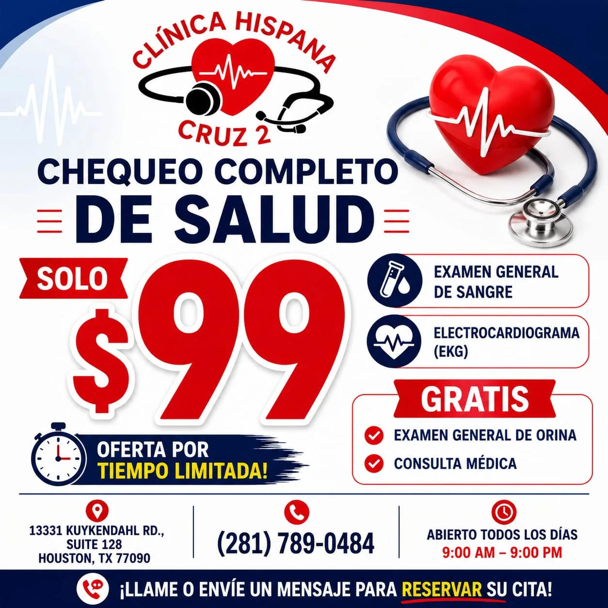Promoción de chequeo completo de salud por $99 con examen de sangre y electrocardiograma en Clínica Hispana Cruz 2 Houston