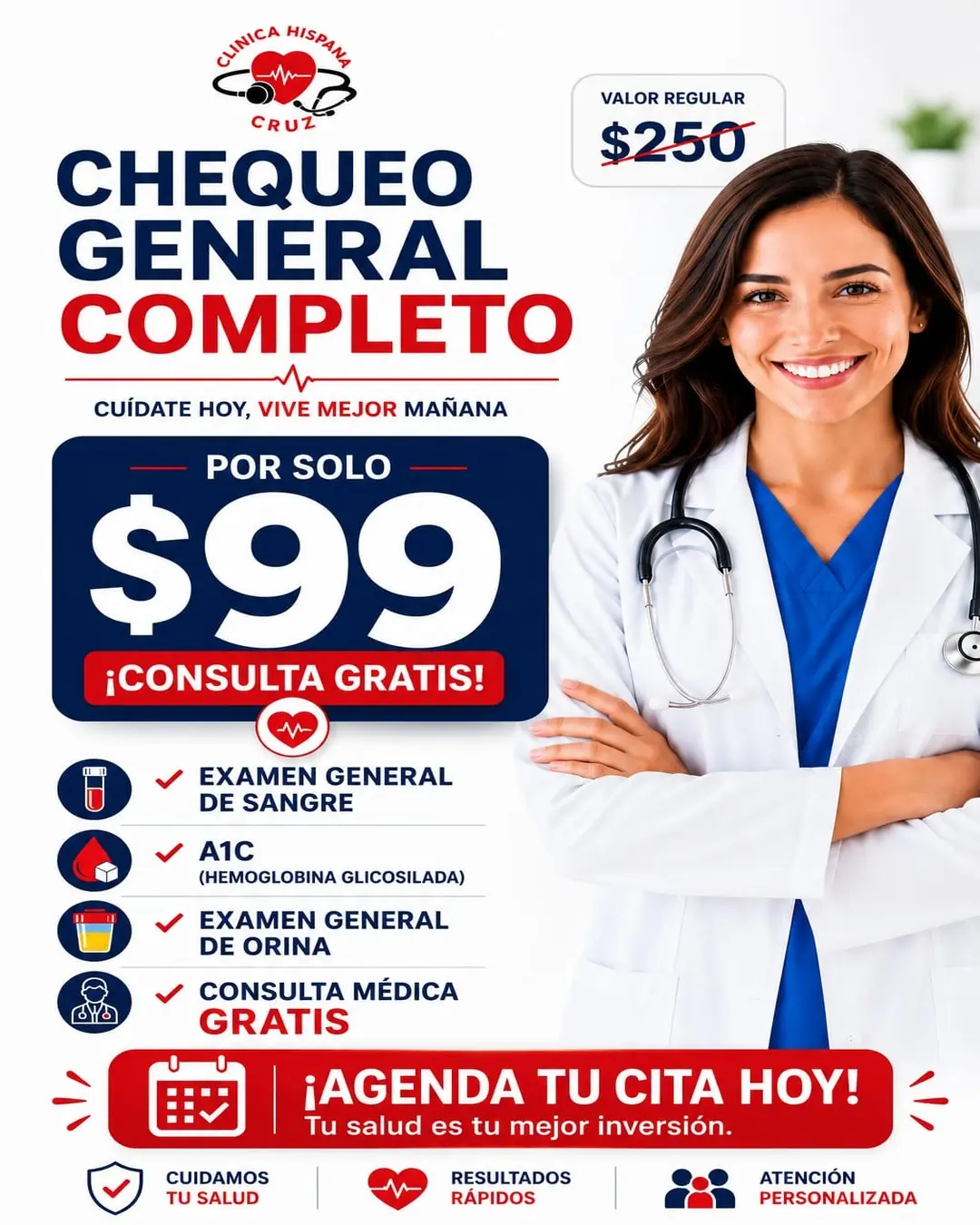 Complete general checkup promotion for $99 with blood work, A1C and urine test at Clínica Hispana Cruz 2 Houston