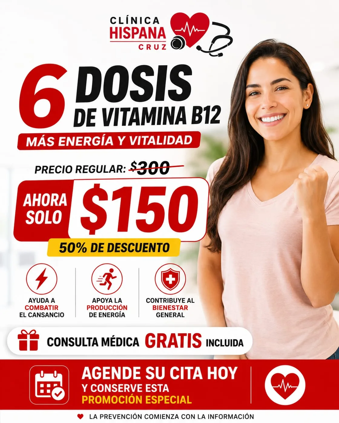 Promoción de 6 dosis de vitamina B12 por $150 con consulta médica gratis en Clínica Hispana Cruz 2 Houston