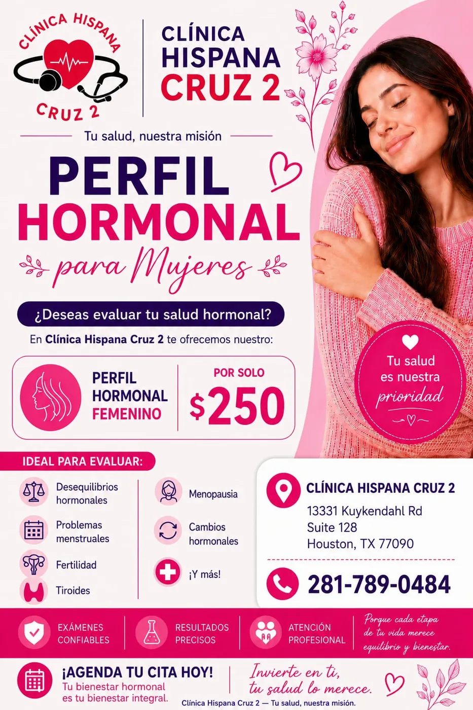 Promoción de perfil hormonal para mujeres por $250 en Clínica Hispana Cruz 2 Houston