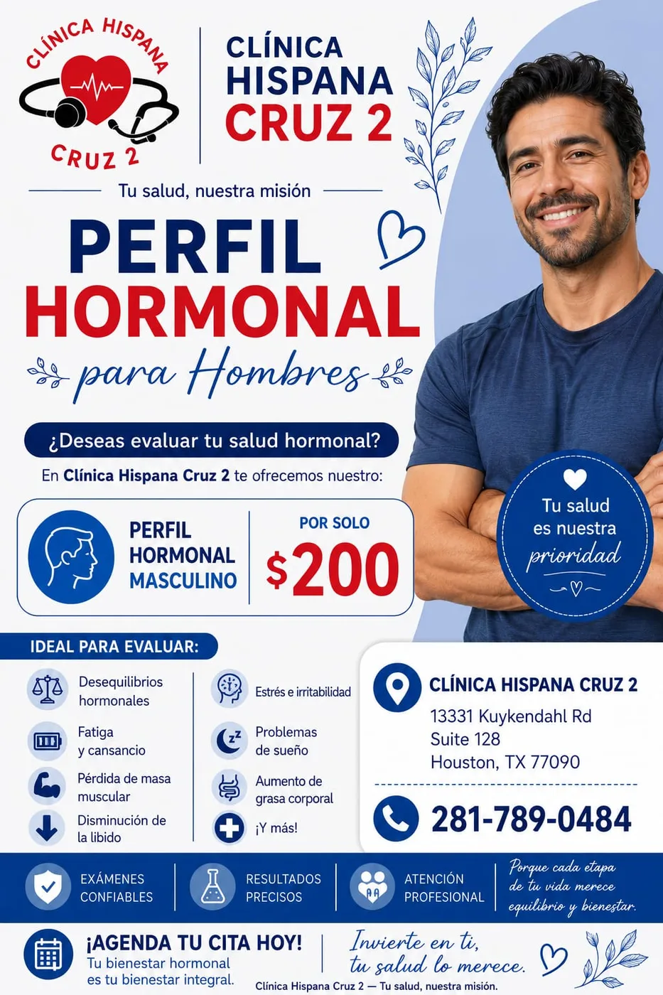 Promoción de perfil hormonal para hombres por $200 en Clínica Hispana Cruz 2 Houston