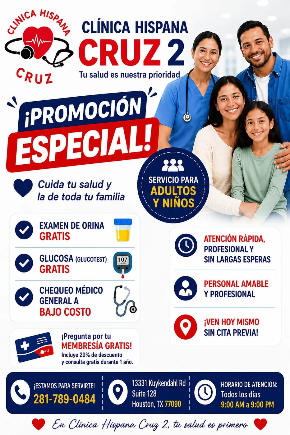 Promoción especial familiar con examen de orina y glucosa gratis en Clínica Hispana Cruz 2 Houston
