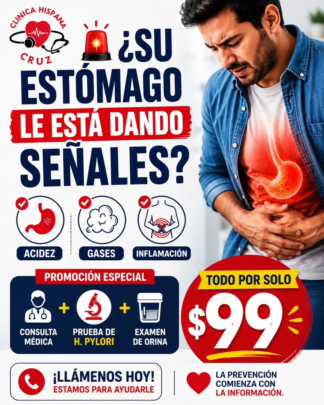 Promoción de chequeo estomacal con prueba de H. pylori por $99 en Clínica Hispana Cruz 2 Houston
