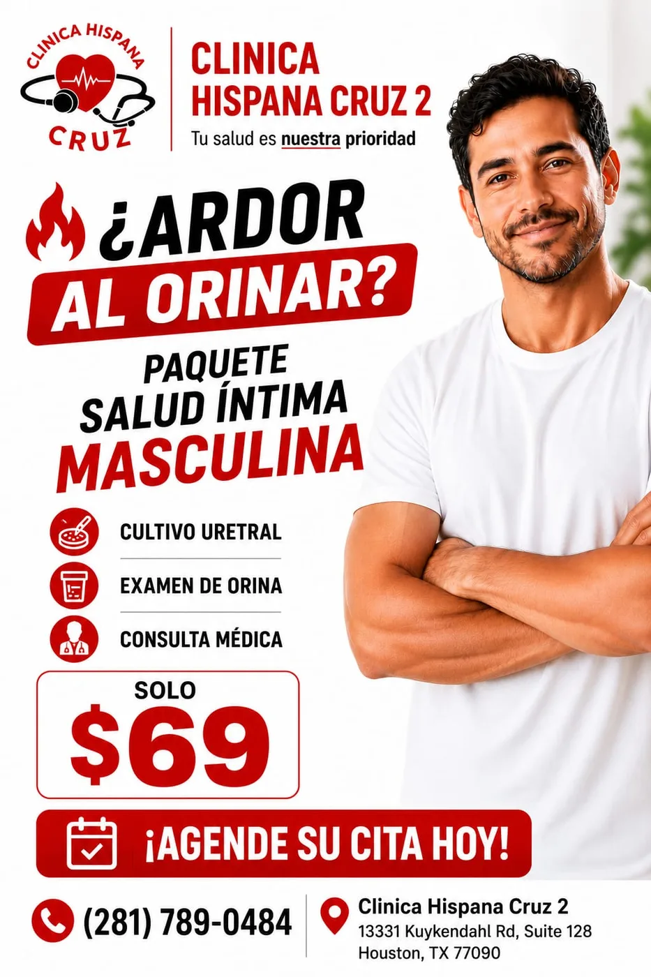 Promoción de salud íntima masculina por $69 con cultivo uretral y consulta médica en Clínica Hispana Cruz 2 Houston