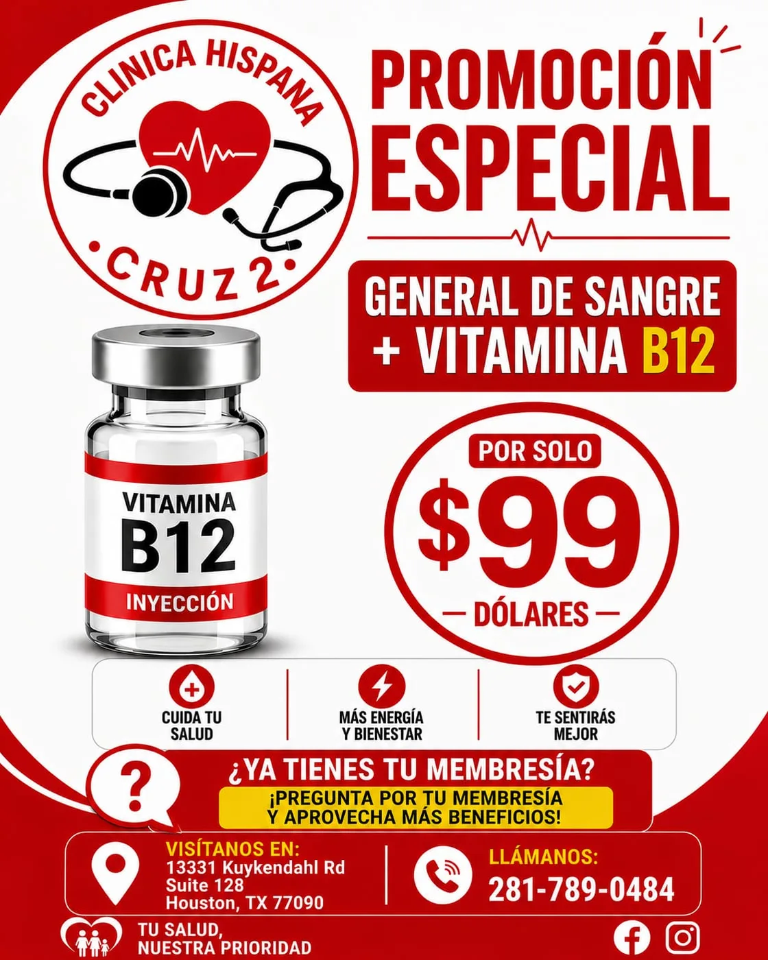 Promoción de examen general de sangre más vitamina B12 por $99 en Clínica Hispana Cruz 2 Houston
